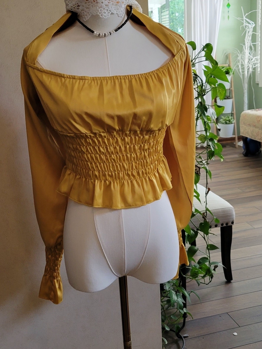 HYFVE Mustard Yellow Satin Smocked Peplum Long Sleeve Blouse